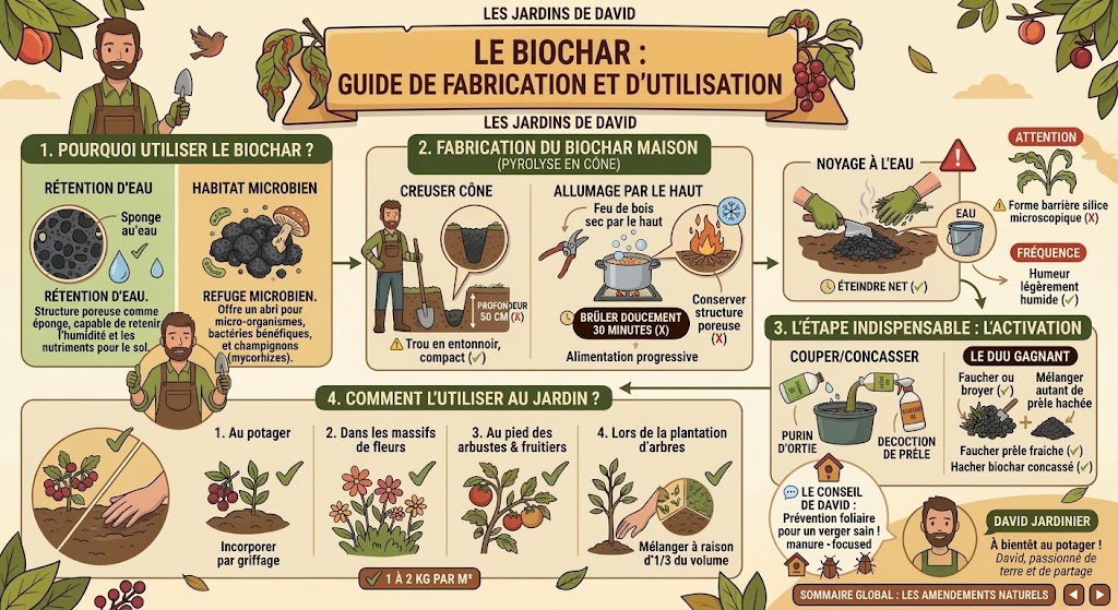 Infographie récapitulative de la fabrication du biochar et son utilisation