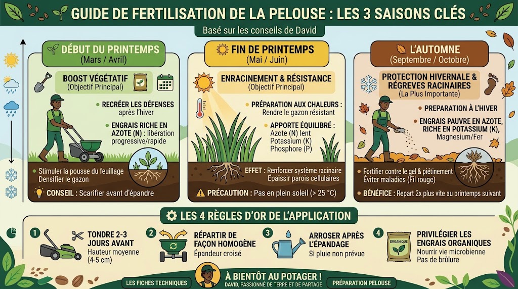 Guide illustré de la fertilisation de la pelouse en 3 saisons par David