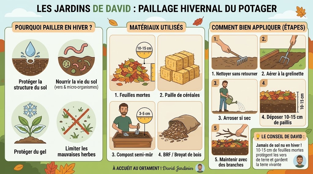 Paillage hivernal du potager avec des feuilles mortes