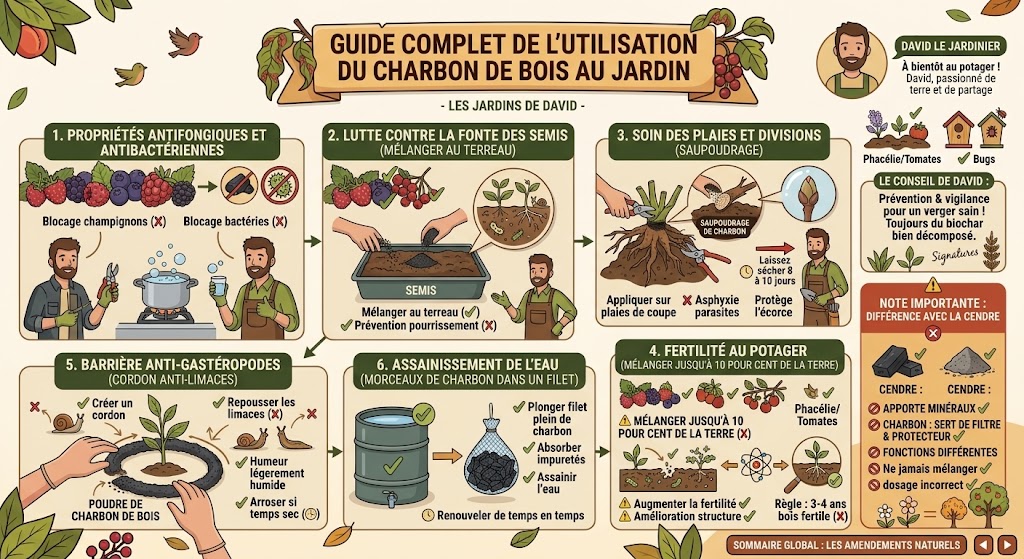Infographie récapitulative sur l'utilisation du charbon de bois au jardin