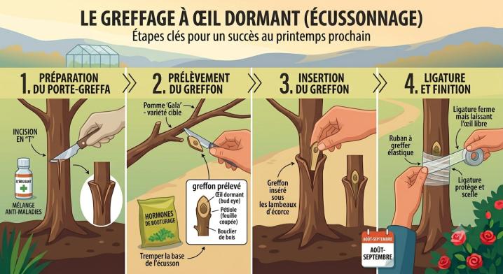 Étapes clés du greffage à œil dormant (écussonnage)