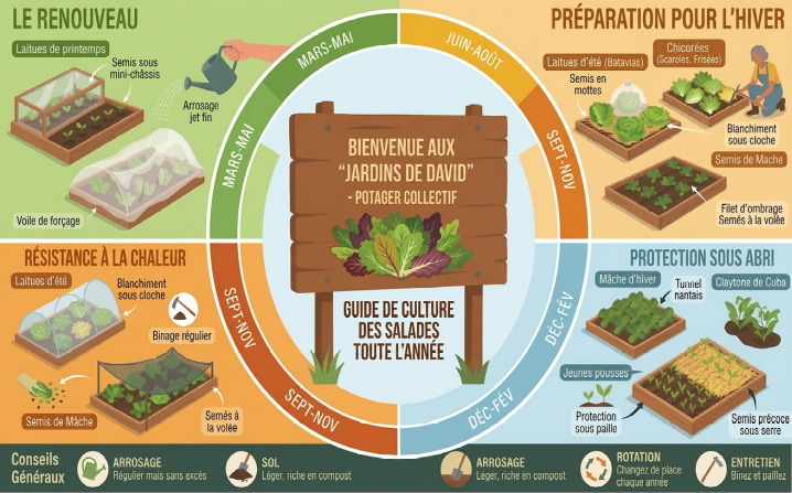 Belles batavias et laitues pommées prêtes à être récoltées au potager