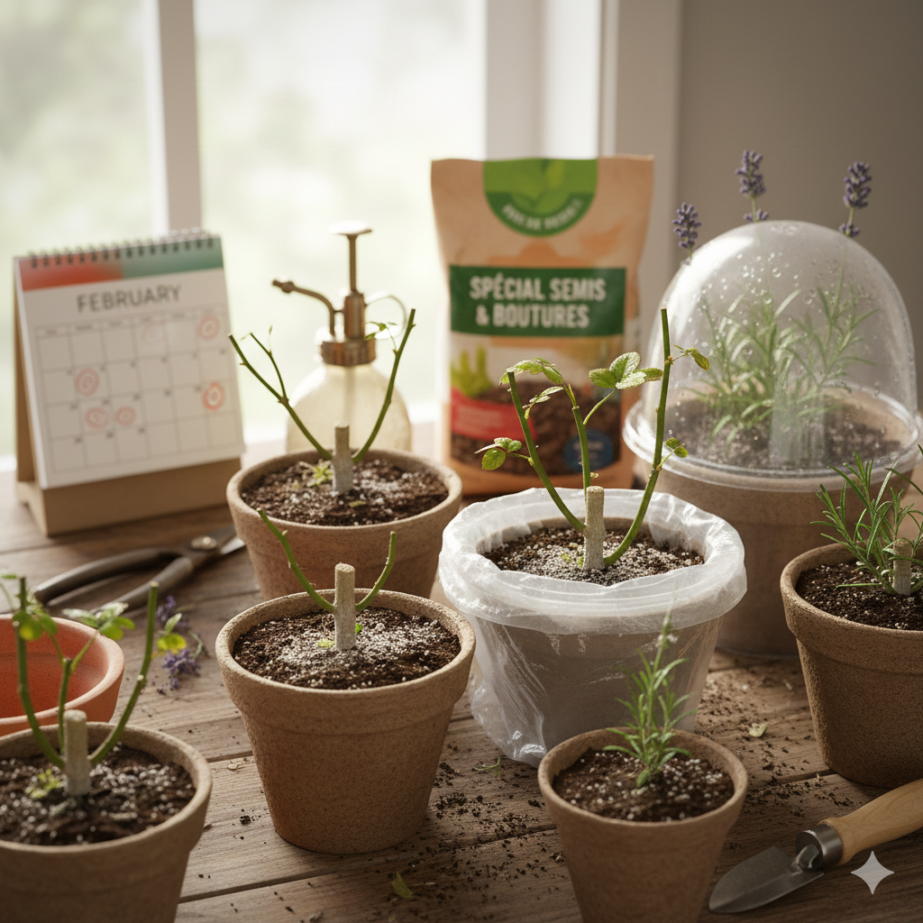 Jeunes boutures en pot en février