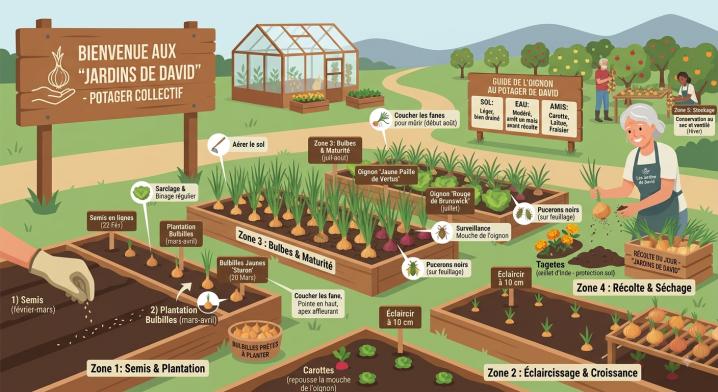 Récolte et séchage d'oignons au potager