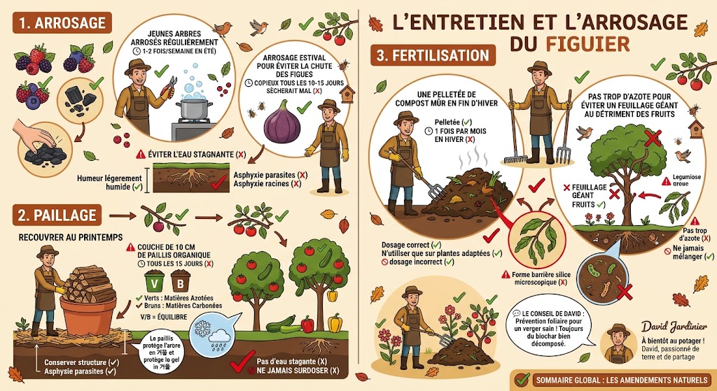 Infographie récapitulative sur l'entretien et l'arrosage du figuier