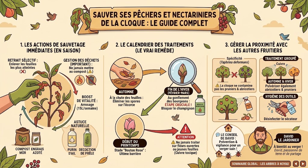Infographie récapitulative du guide de la maladie de la cloque, les actions en cas d'attaque, le calendrier des traitements, la gestion des autres arbres fruitiers
