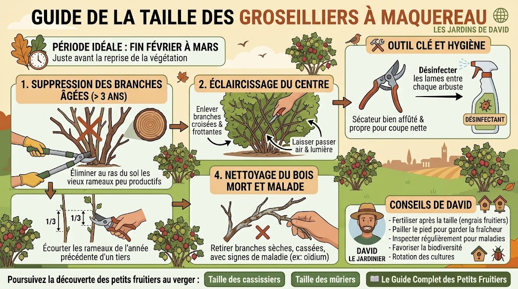 Infographie récapitulative du guide de la taille des groseilliers à maquereau : période idéale, suppression des branches âgées, éclaircissage, raccourcissement des rameaux et outils