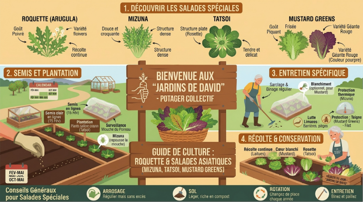 Présentation de la culture de roquette sauvage et de salades asiatique dans le potager d'automne