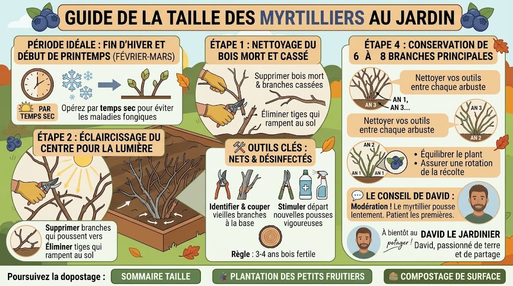 Infographie récapitulative du guide de la taille des myrtilliers : période idéale, nettoyage, éclaircissage et conservation de 6 à 8 branches principales